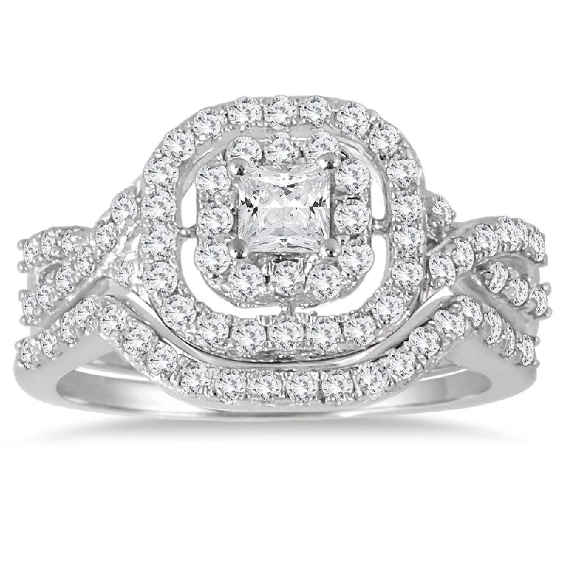 Marquee Jewels 10k White Gold 1ct TDW Diamond Double Halo Princess Bridal Ring Set