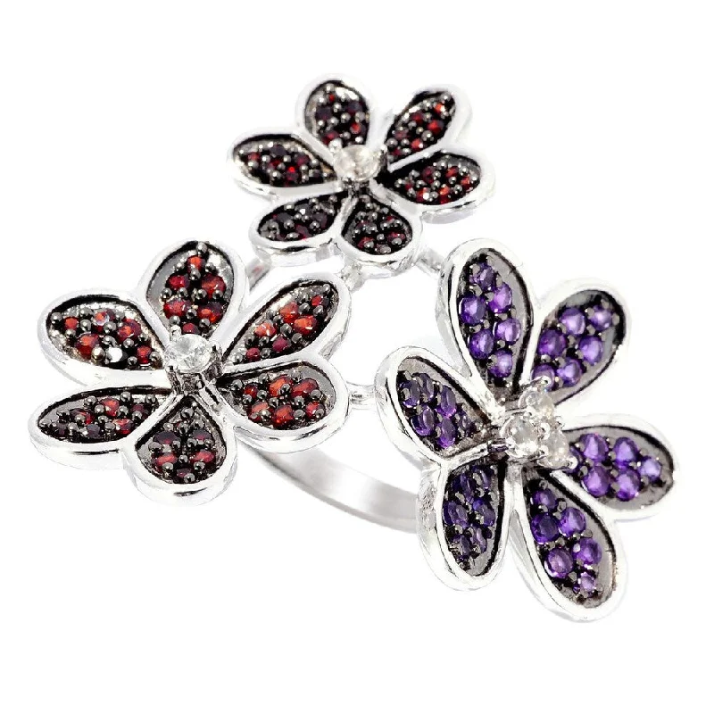 Sterling Silver Garnet, White Zircon and Amethyst Three Flower Ring