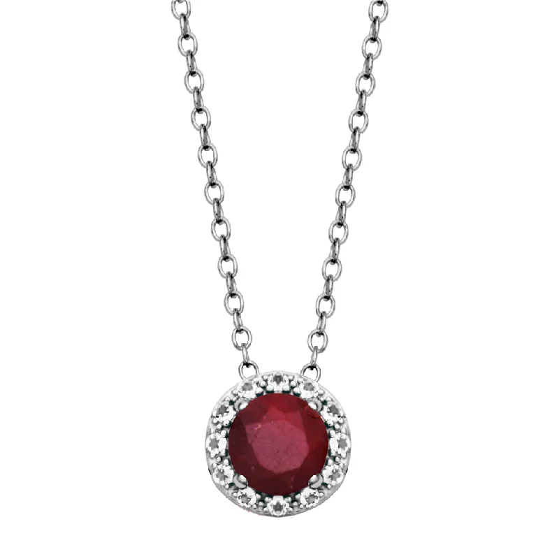 Sterling Silver Dyed Red Corundum & White Topaz Halo Necklace by Samuel B.