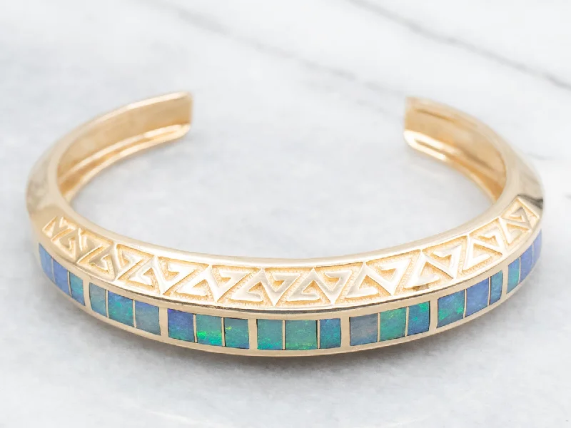 Stunning Yellow Gold Opal Inlay Cuff Bracelet