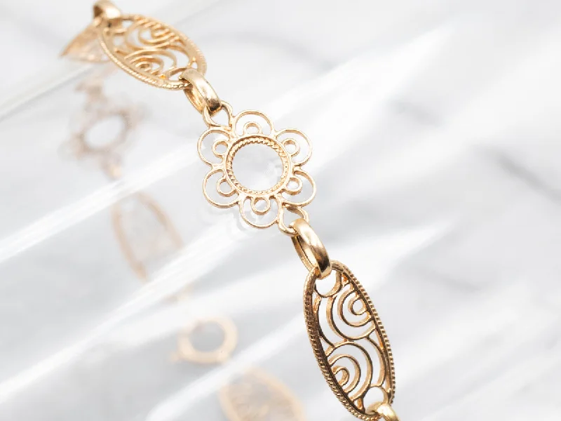 Scrolling Floral and Gold Filigree Link Chain Bracelet