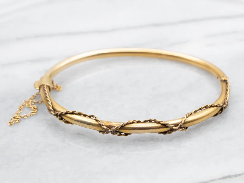 Antique Hinged Gold Bangle Bracelet with Twist Detail