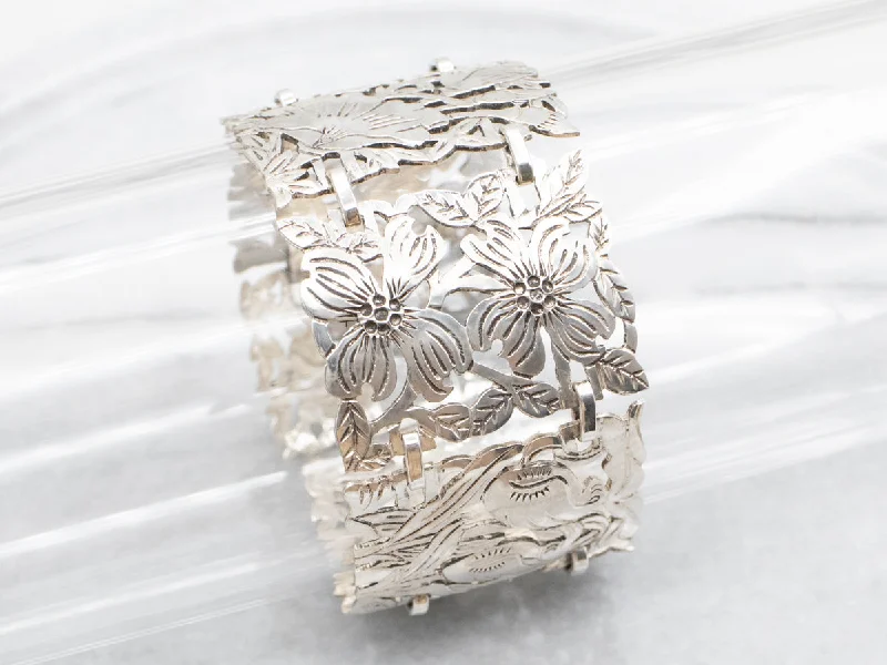 Vintage Sterling Silver Floral Engraved Panel-Link Bracelet