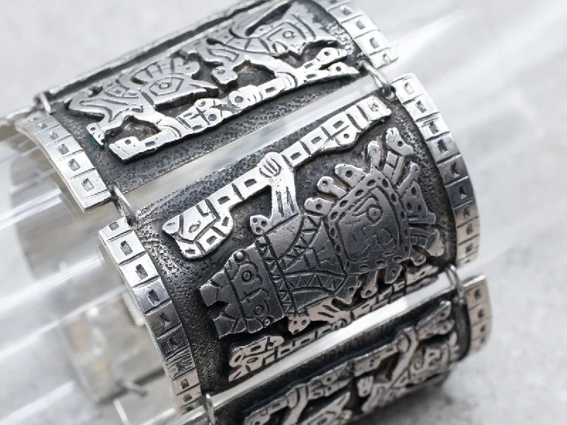 900 Mexican Silver Panel Bracelet with Tribal Figures