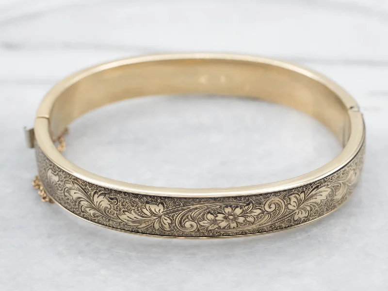 Yellow Gold Floral Hinged Bangle Bracelet