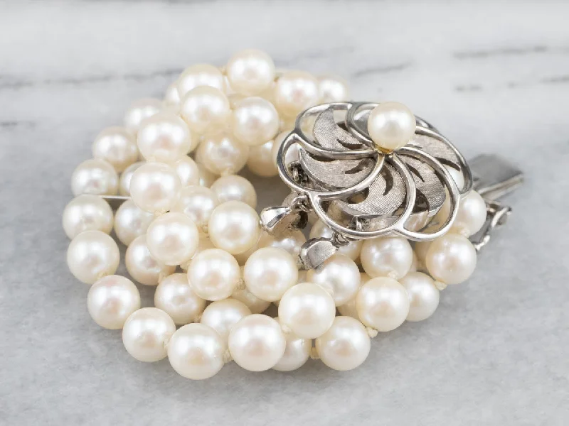 Floral Three Strand Pearl Bracelet