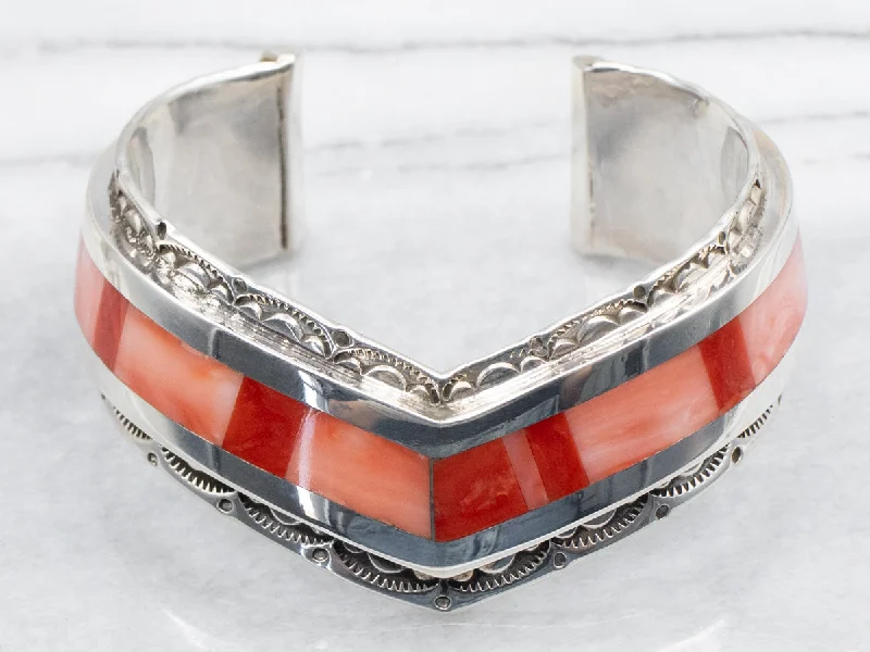 Sterling Silver Zuni Made Coral and Spiny Oyster Cuff Bracelet