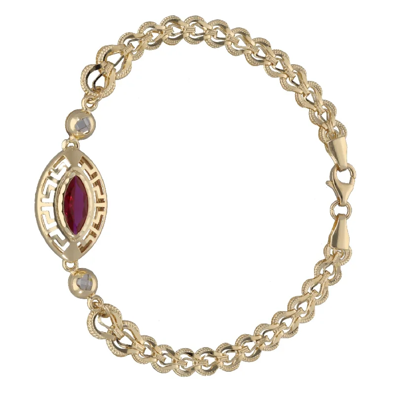 New 14ct Gold Red Stone Greek Key Bracelet