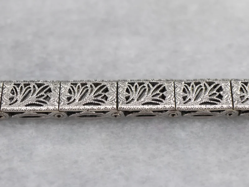 Art Deco White Gold Filigree Panel Link Bracelet