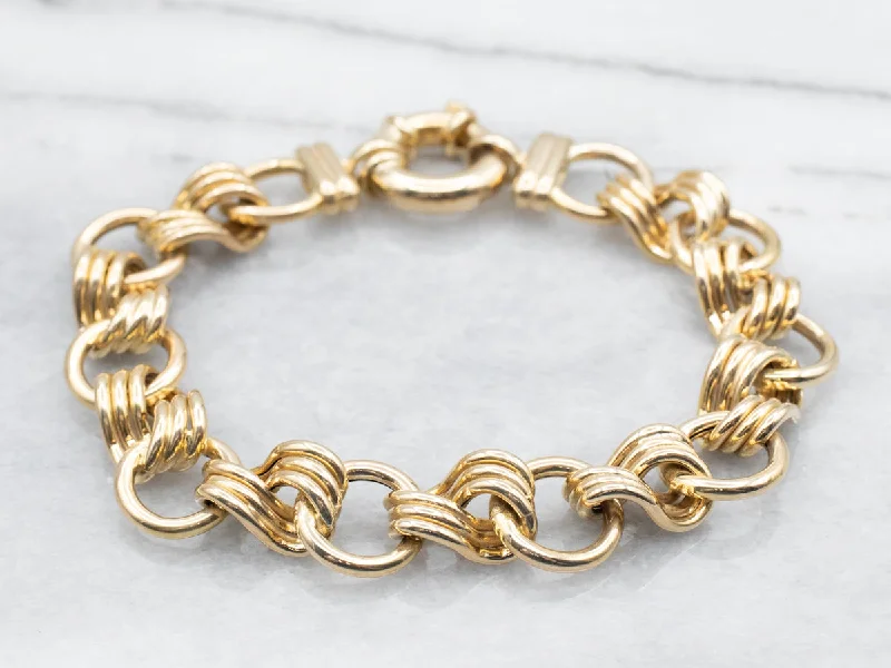 Yellow Gold Twisted and Round Link Bracelet with Large Spring Ring Clasp