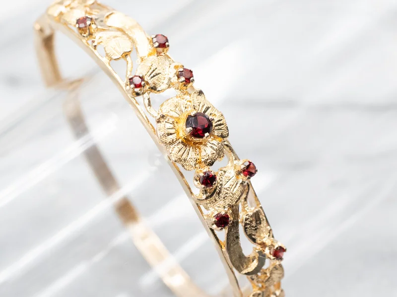 Floral Garnet Hinged Bangle Bracelet