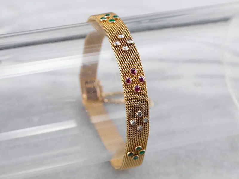 Ruby Diamond Emerald Gold Mesh Bracelet