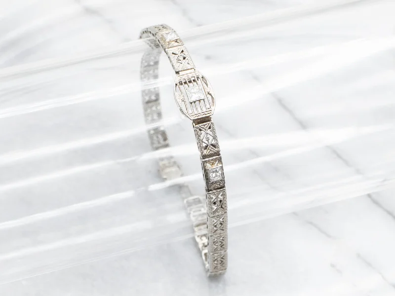 Art Deco White Gold Diamond Filigree Link Bracelet