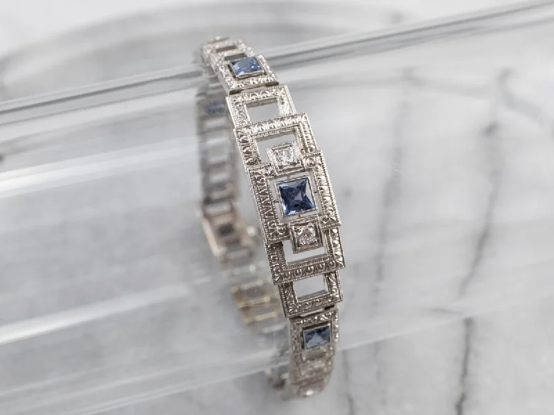 Art Deco Synthetic Sapphire and Diamond Link Bracelet