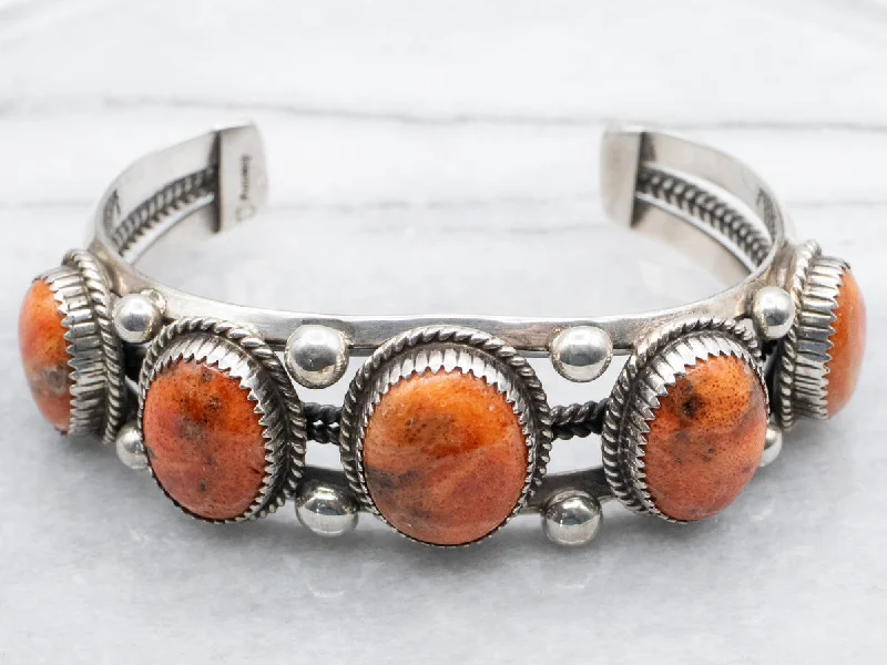 Men's Native American Coral Cabochon Cuff Bracelet