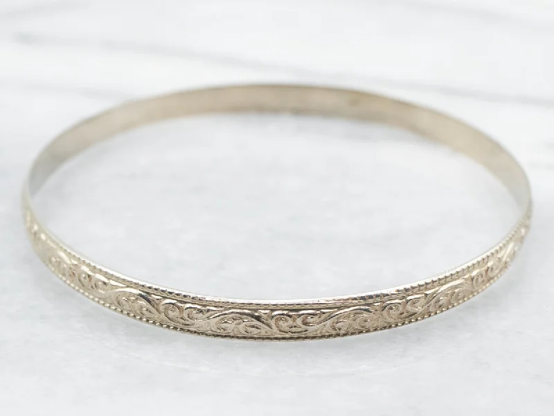 White Gold Scrolling Bangle Bracelet