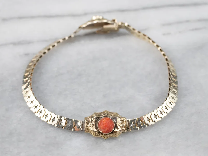 Victorian Revival Coral Repousse Gold Link Bracelet