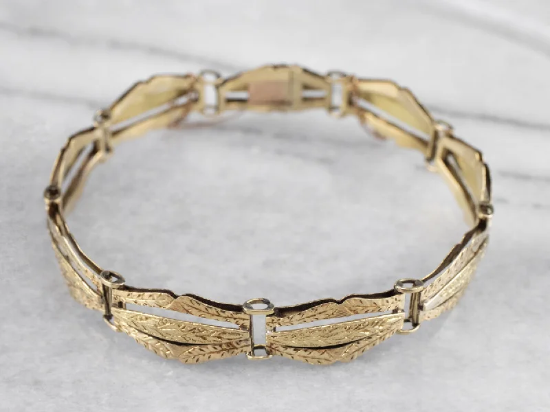 Engraved Antique Gold Panel Link Bracelet