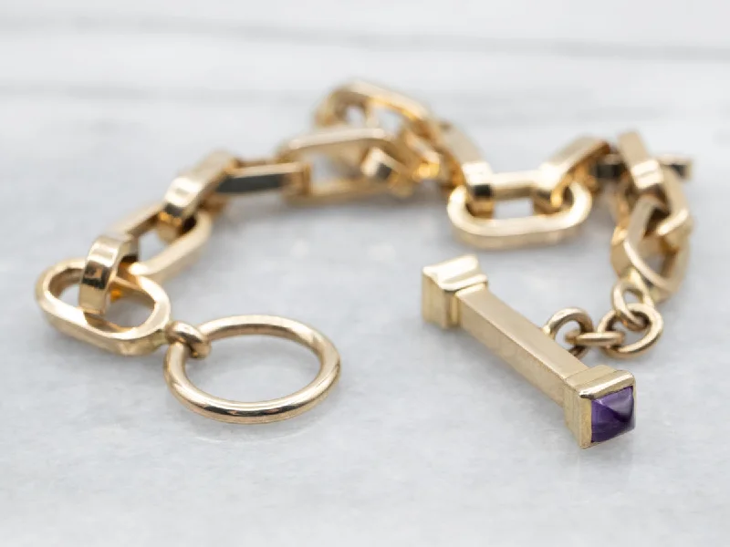 Polished Gold Link Bracelet with Amethyst Accents