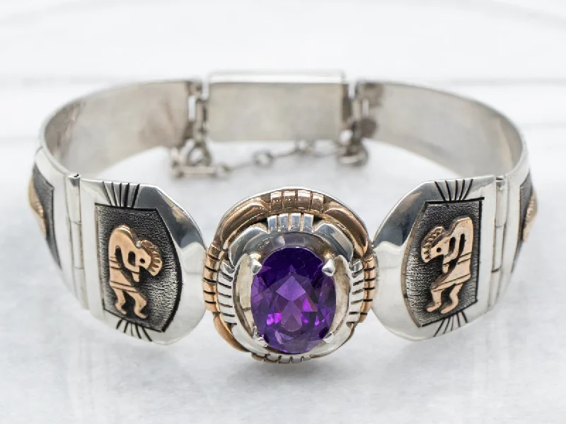 Sterling Silver and Gold Fill Amethyst Panel Link Bracelet with Native American Kokopelli Figures and Feathers