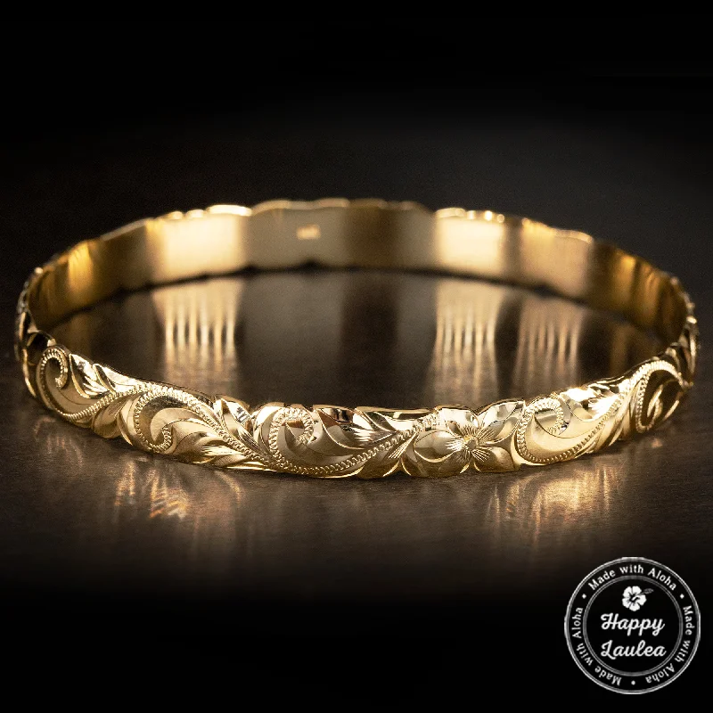 14K Gold Hawaiian Heirloom Bracelet with Cutout Wave Edges [8mm width] Barrel Shape