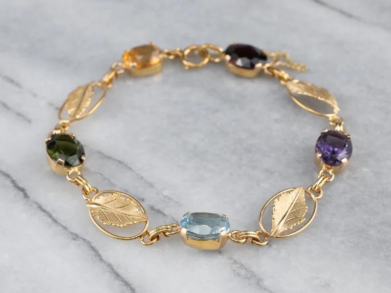 Multi Gemstone Botanical Gold Link Bracelet